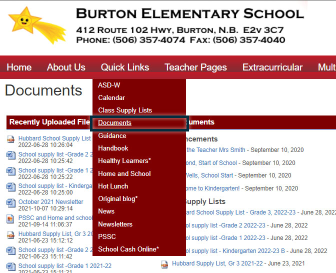 Class supplies information is found under "Documents" in the "Quick Links" tab.