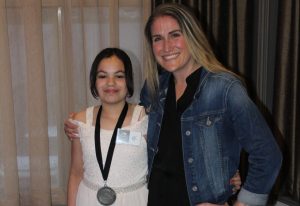 (l-r) Turnaround Achievement Award winner Keisha McIntyre, a Grade 8 student at Devon Middle School, and Devon Middle School Counsellor Andrea Patterson at the Turnaround Achievement Awards ceremony on Wednesday, May 3, 2023 in Fredericton.