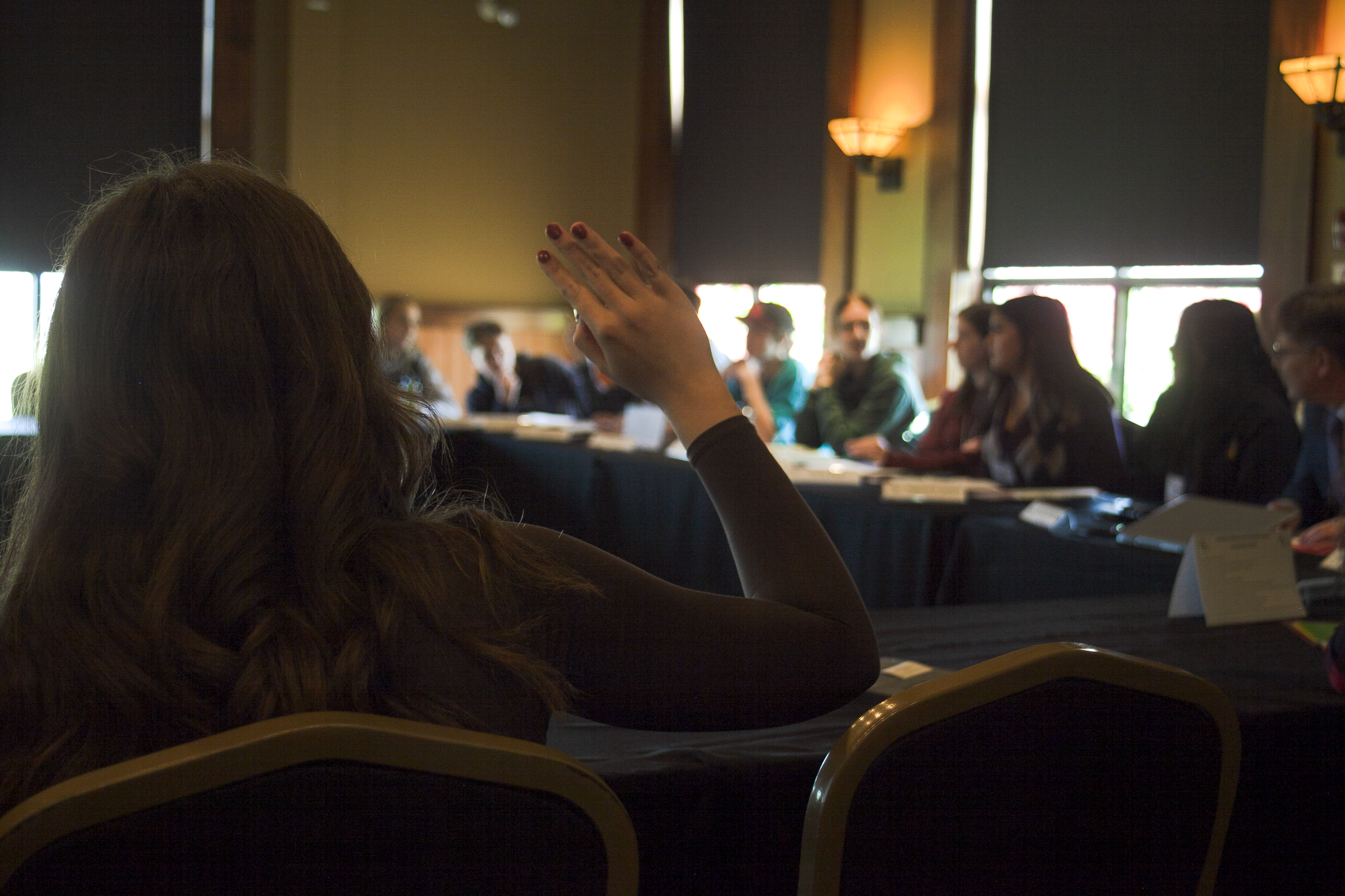 A student raises her hand during an ASD-W Council of Student Leaders meeting.