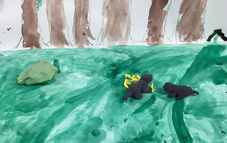 A screen grab from the stop motion short film "Funny Movie: Monkeys Eating Bananas" by Royal Road Elementary School Grade 3 student Dane Slade.
