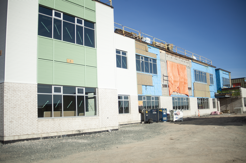 An exterior photo of the new school being built on Cuffman Street in northeast Fredericton.