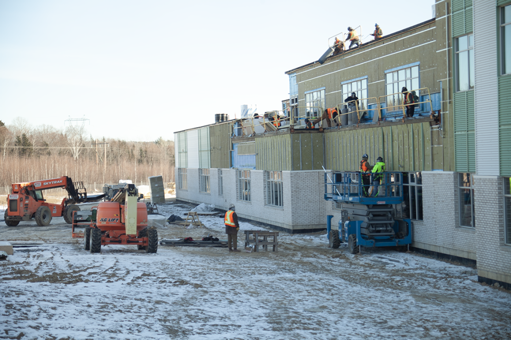 An exterior photo of the new school being built on Cuffman Street in northeast Fredericton.