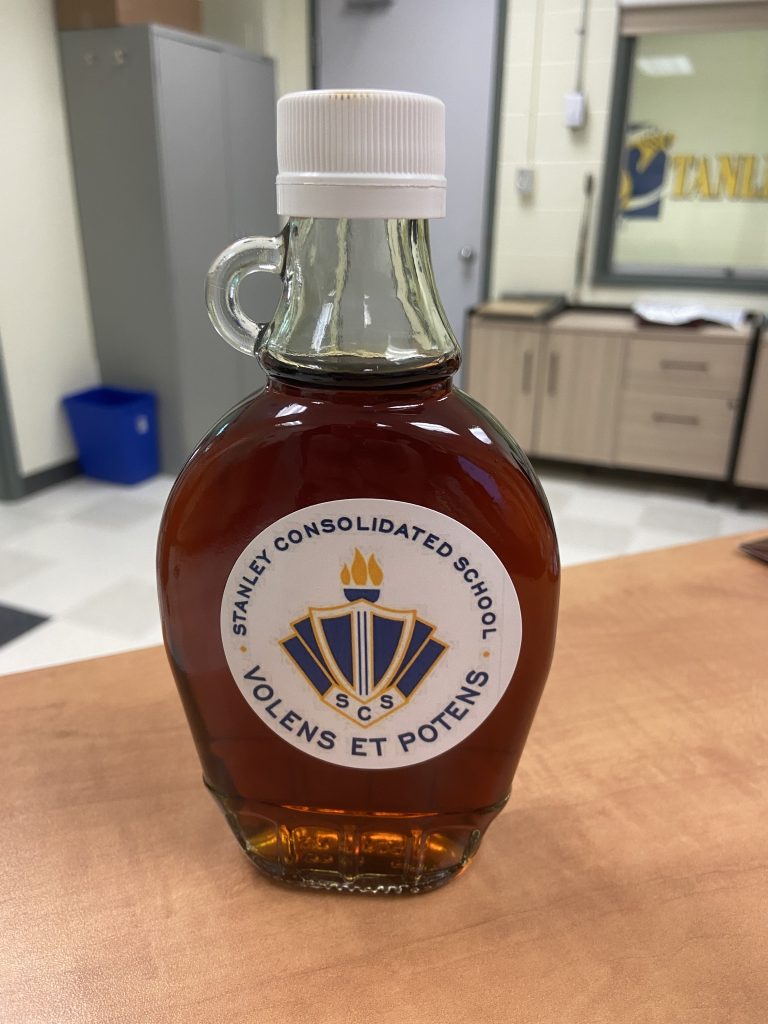 A bottle of maple syrup produced by students at Stanley Consolidated School.