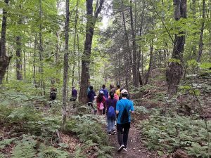 Newcomer students from the Woodstock area hike at the Meduxnekeag Valley Nature Preserve during ASD-W's summer language camp for newcomers, held at NBCC Woodstock from July 22-24.