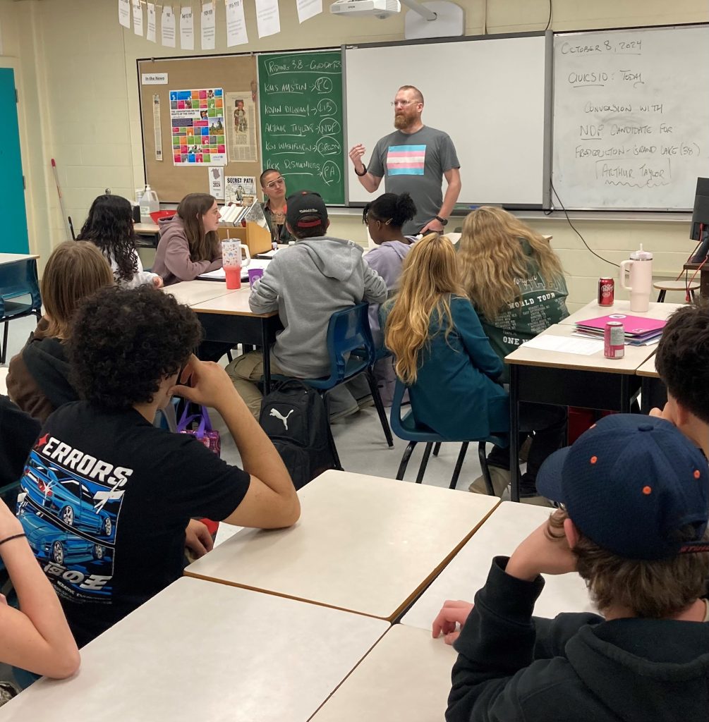 Teacher James Rowinski addresses his Grade 10 class at Chipman Forest Avenue School in the run up to the Oct. 21 student vote.