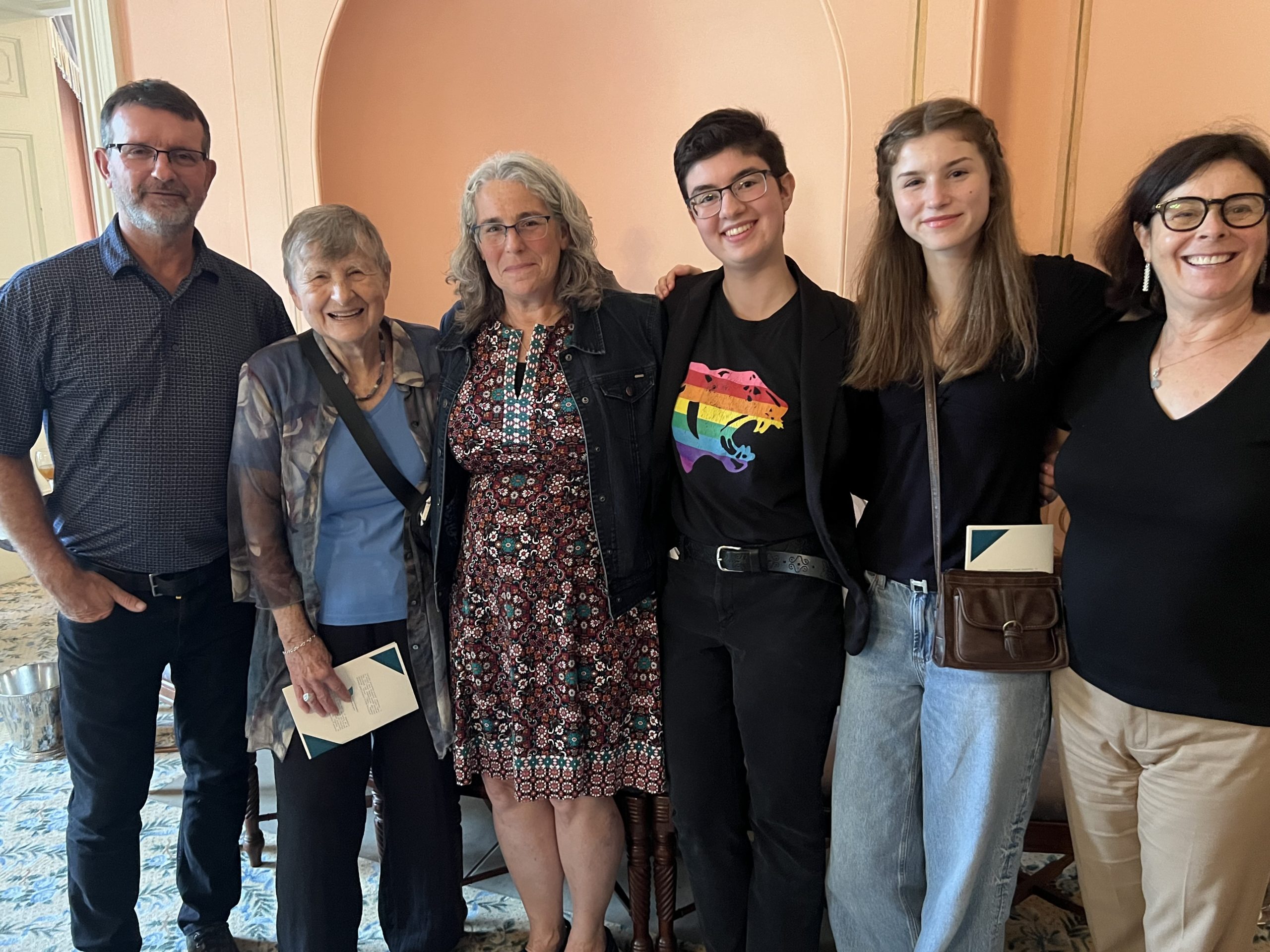 The Family of 2024 Youth Human Rights Award winner Merrit Johnson. (L-R) Doug Johnson (father), Alisa Weyman (grandmother), Debra Weyman (mother), Merrit, Celia (sister), Karen Weyman (aunt). Johnson was honoured for her advocacy for 2SLGBTQIA+ students.