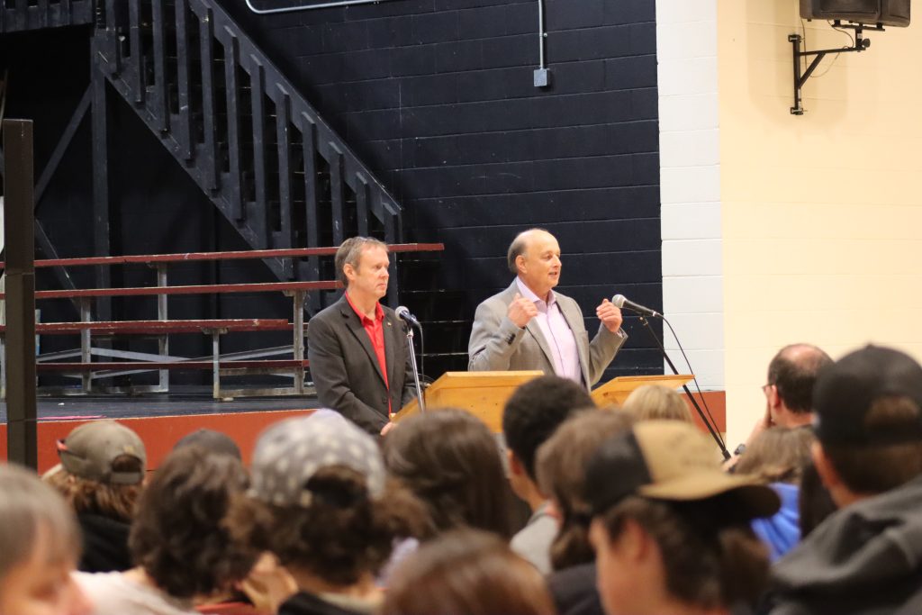 Liberal Party candidate Chris Duffie and Green Party candidate Burt Folkins address student questions at Nackawic High School on Thursday, Oct. 17. Candidates from the Progressive Party of New Brunswick and the People's Alliance were contacted but were unable to attend the Q&A session.