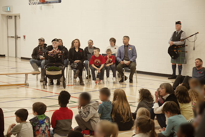 Students, staff, and members of the Royal Canadian Legion attend Cuffman Street Elementary's first Remembrance Day ceremony on Thursday, Nov. 7, 2024.