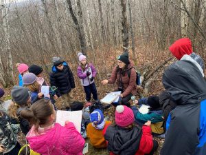 Saint Mary’s Academy teacher Vanessa Després makes nature the classroom as she instructs her Grade 4/5 class. Saint Mary’s Academy is the latest ASD-W school to build a dedicated outdoor classroom on their property. Photo Credit: Vanessa Després.