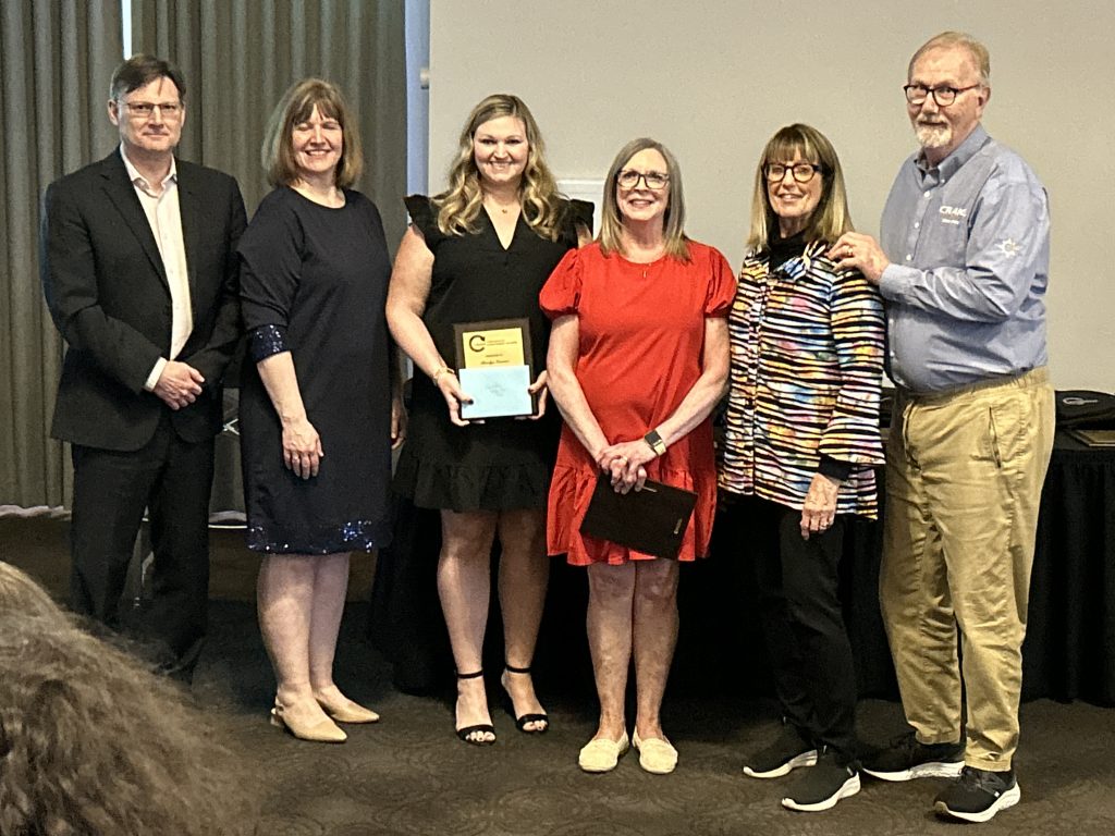Hartland Community School administrative assistants Katelyn Connor and Fiona Austin, centre, flanked (L-R) by ASD-W Superintendent David McTimoney, WEC Director of Schools Julie Kilcollins, and Betty Lou and John Craig.