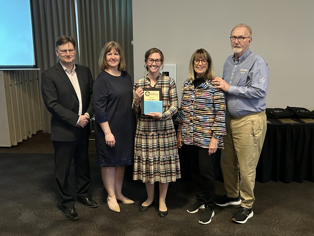 Tobique Valley High School teacher Carrie Bosse, centre flanked (L-R) by ASD-W Superintendent David McTimoney, WEC Director of Schools Julie Kilcollins, and Betty Lou and John Craig.