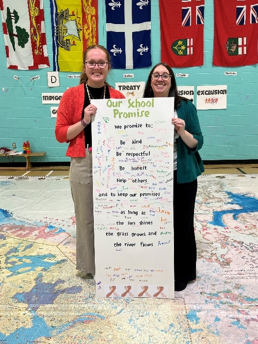 (L-R) Liverpool Street Elementary School teachers Sarah Kelly and Katie Hoedl brought Canadian Geographic Education's giant treaty map to the school on May 8 and 9 to teach students about the history of treaties between Indigenous communities and colonial/Canadian governments.
