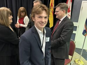 Chipman Forest Avenue School (CFAS) Grade 12 student Quinn Lavigne and CFAS Principal Yvonne Caverhill greet NB Education Minister Claire Johnson, Kingswood Past President Brian Johnson, and ASD-W Superintendent David McTimoney at last night's Turnaround Achievement Awards ceremony at the Fredericton Inn.