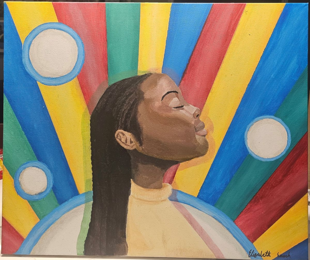 Bliss Carman Middle School Grade 8 student Elizabeth Oluwasekemi Enoch with her artwork. Enoch was a runner-up finalist in the Art Canada Institute’s 2025 Canadian Art Inspiration Student Challenge.