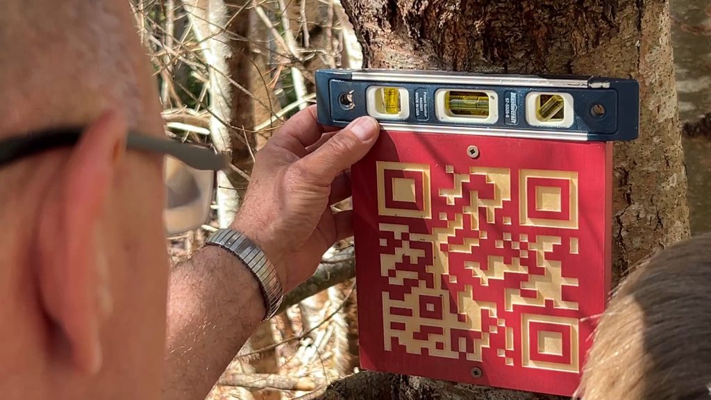 ASD-W Digital Learning Lead Luc Plourde places a completed wooden QR Code onto a tree.